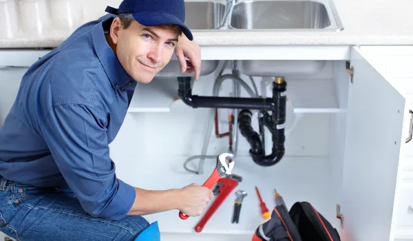 a plumbing technician with a tool belt