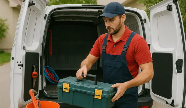 a plumbing technician putting his toolbox back in his van