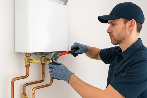 a plumber working on a tankless water heater