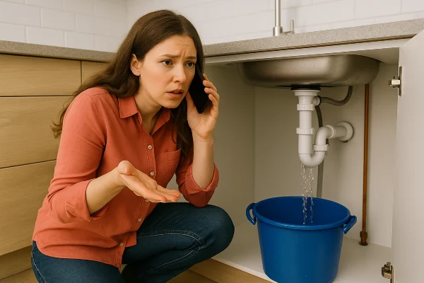 a woman on the phone about a water leak underneath her kitchen sink