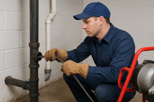 a plumber using a snake to clear a plumbing pipe