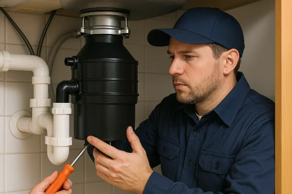 a technician working on a garbage disposal