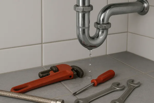 a sink water leak and plumbing tools on the floor