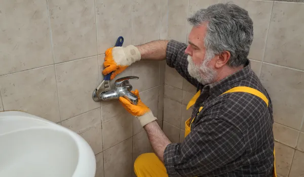 a male plumbing technician smiling at the camera