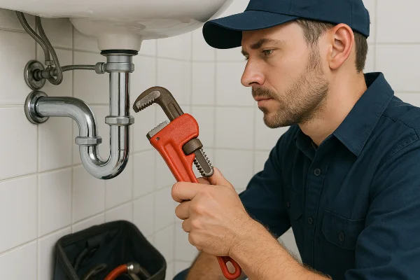 a male plumber installing a water heater